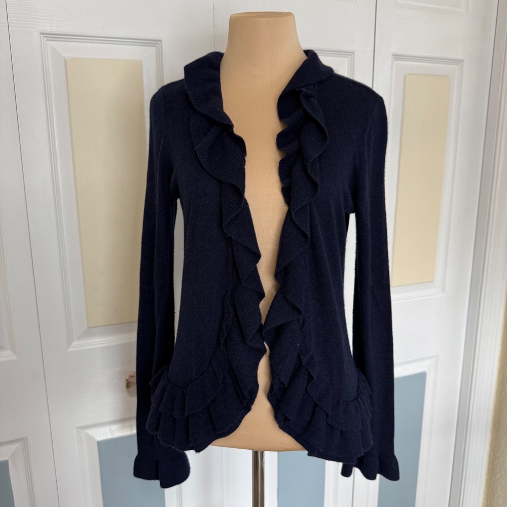 Rebecca Taylor Navy Blue Wool Blend Ruffle Open Front Cardigan Sweater Womens M